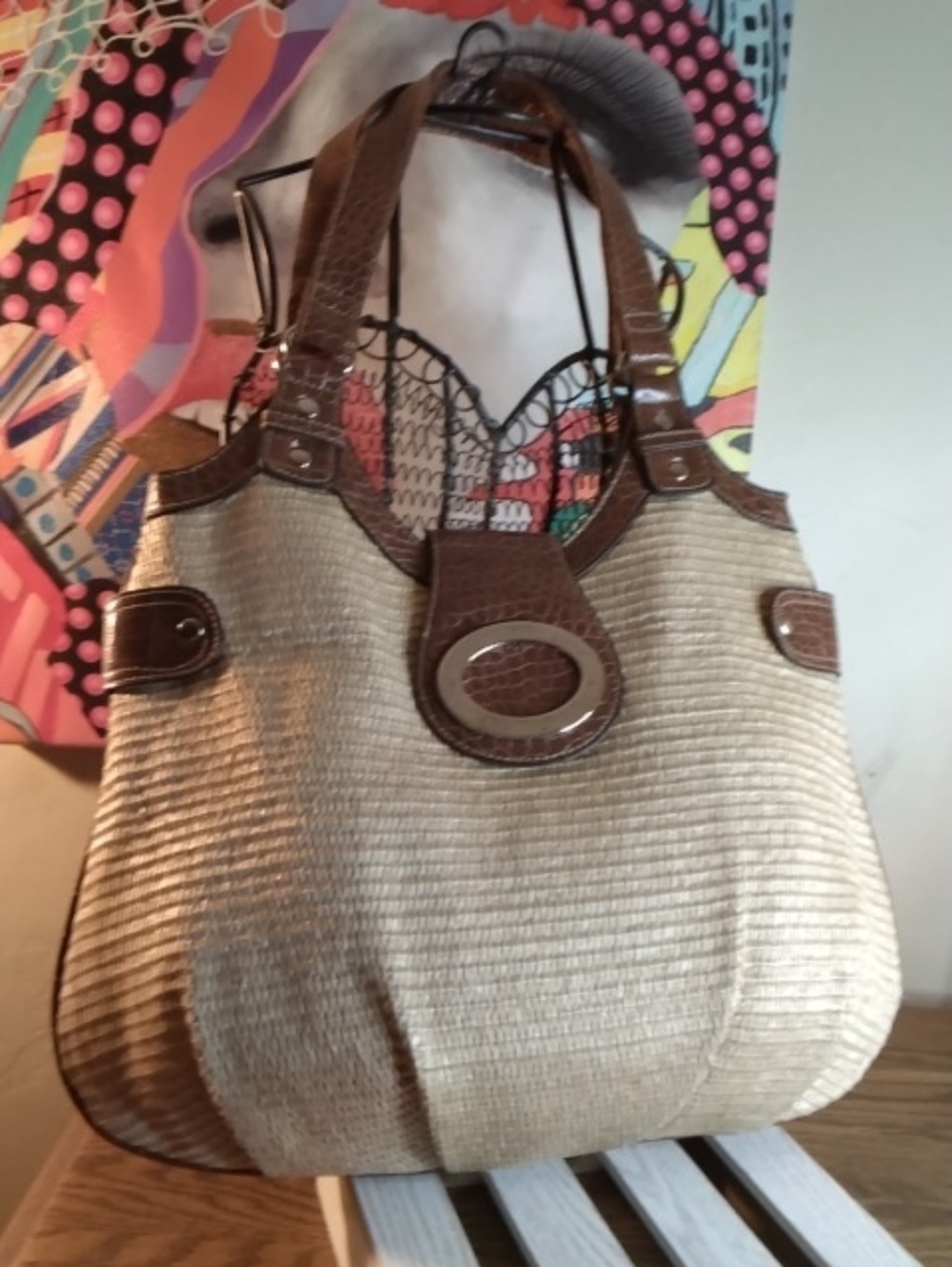 Stylish Neutral Straw Tote with Brown Trim